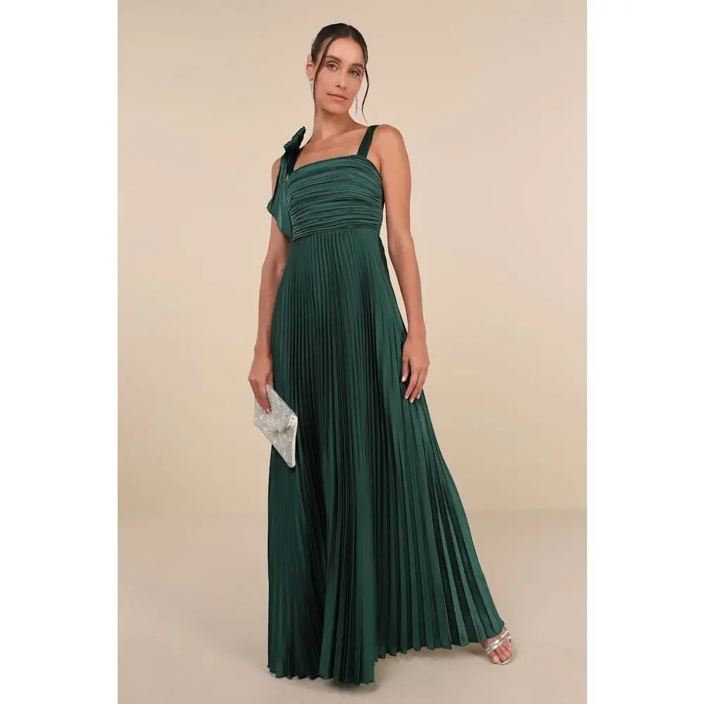 NEW Lulus Emerald Green Gorgeous Purpose Satin Pleated Sleeveless Bow Maxi Dress - Picture 5 of 16